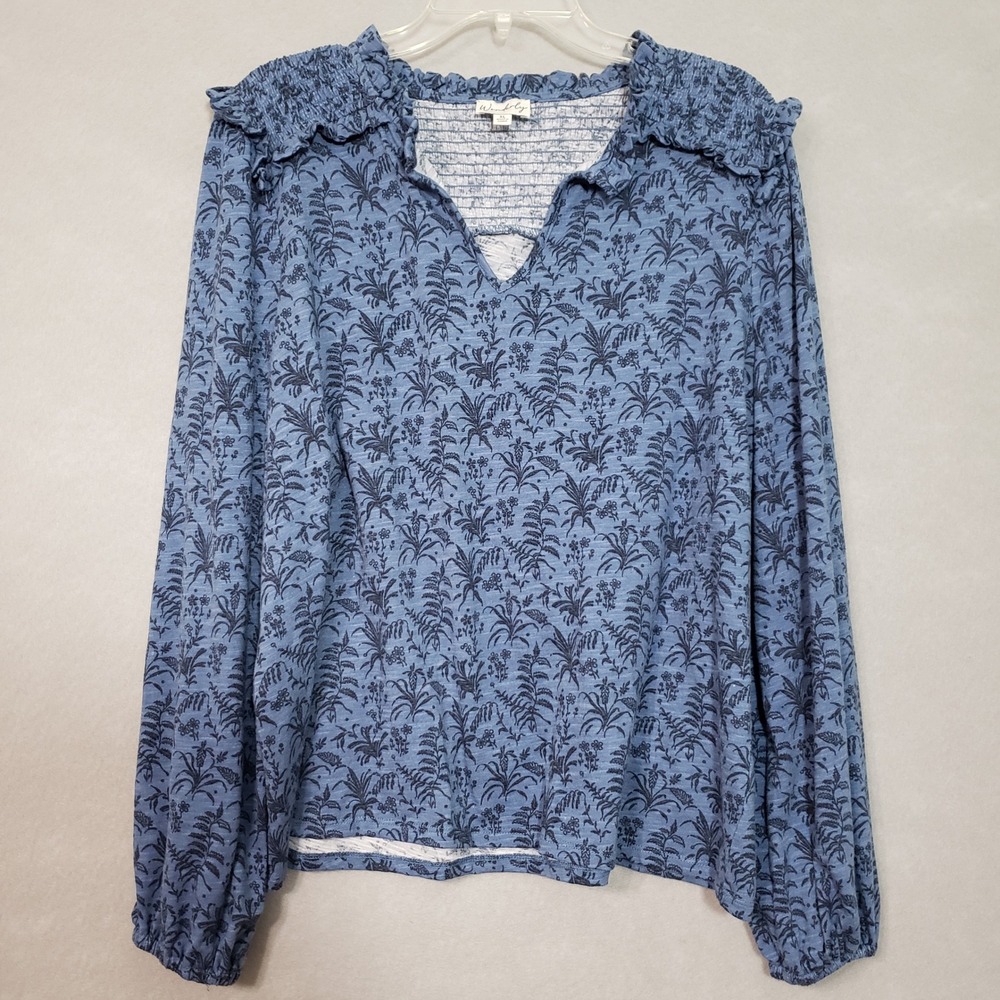 Wonderly Womens XL Peasant Top Blue Floral Ruffle Smocked Balloon Sleeve Boho